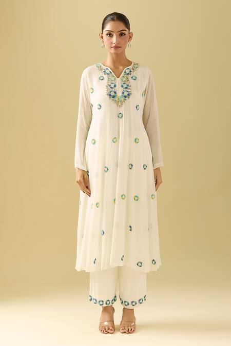 Samyukta Singhania_White Georgette Sequins, Beads, Embroidery Button-down Floral Anarkali Set_at_Aza_Fashions