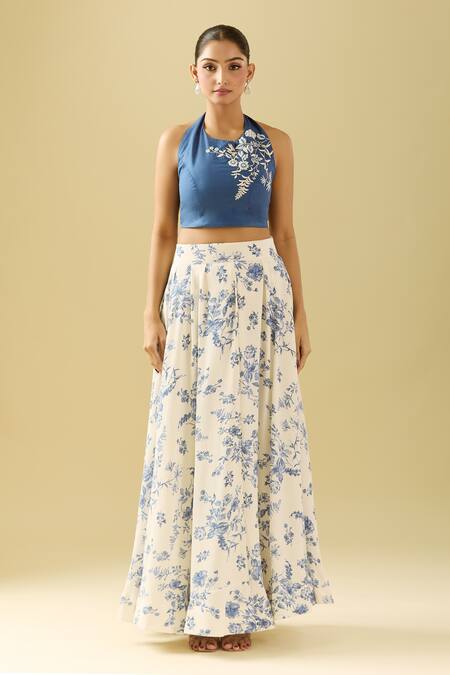 Buy Samyukta Singhania White Crepe, Cotton Embroidery Halter Floral Printed Skirt Set With Crop Top Online at Aza Fashions Buy_Samyukta Singhania_White Crepe, Cotton Embroidery Halter Floral Printed Skirt Set With Crop Top_Online_at_Aza_Fashions