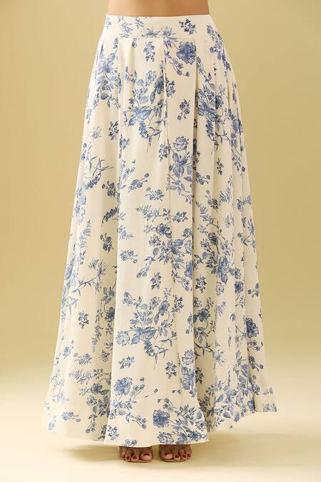 Shop Samyukta Singhania White Crepe, Cotton Embroidery Halter Floral Printed Skirt Set With Crop Top Online at Aza Fashions Shop_Samyukta Singhania_White Crepe, Cotton Embroidery Halter Floral Printed Skirt Set With Crop Top_Online_at_Aza_Fashions