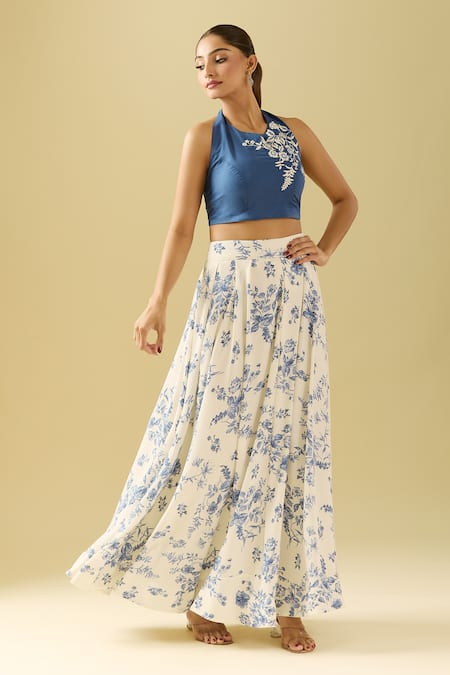 Samyukta Singhania White Crepe, Cotton Embroidery Halter Floral Printed Skirt Set With Crop Top at Aza Fashions Samyukta Singhania_White Crepe, Cotton Embroidery Halter Floral Printed Skirt Set With Crop Top_at_Aza_Fashions