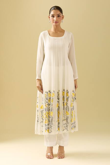 Buy_Samyukta Singhania_White Georgette, Cotton Embroidery Round Neck Floral Hand Painted Anarkali Set_Online_at_Aza_Fashions