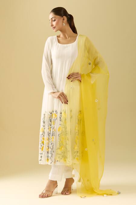 Shop_Samyukta Singhania_White Georgette, Cotton Embroidery Round Neck Floral Hand Painted Anarkali Set_Online_at_Aza_Fashions