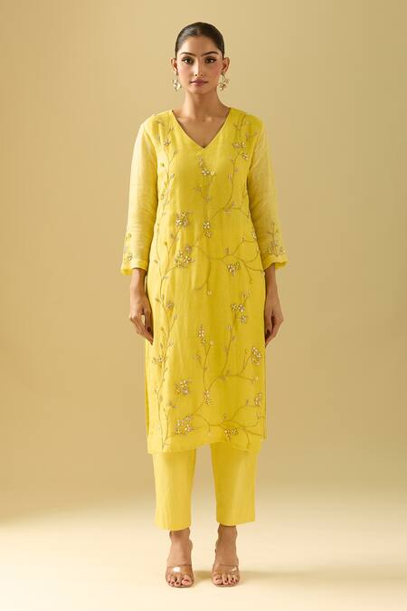 Samyukta Singhania Yellow Linen Sequins, Cut Work V-neck Floral Cutdana Embroidered Kurta Set Online at Aza Fashions Samyukta Singhania_Yellow Linen Sequins, Cut Work V-neck Floral Cutdana Embroidered Kurta Set_Online_at_Aza_Fashions