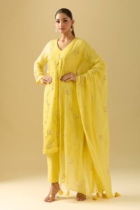 Shop Samyukta Singhania Yellow Linen Sequins, Cut Work V-neck Floral Cutdana Embroidered Kurta Set Online at Aza Fashions Shop_Samyukta Singhania_Yellow Linen Sequins, Cut Work V-neck Floral Cutdana Embroidered Kurta Set_Online_at_Aza_Fashions