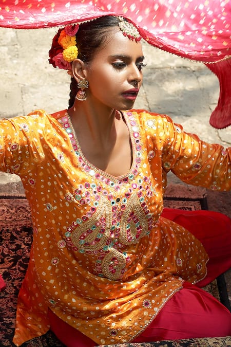 Sheeshakari Yellow Silk Mirrors, Zari, Beads Collared Bandhani Paisley Embroidered Kurta Set Online at Aza Fashions Sheeshakari_Yellow Silk Mirrors, Zari, Beads Collared Bandhani Paisley Embroidered Kurta Set _Online_at_Aza_Fashions
