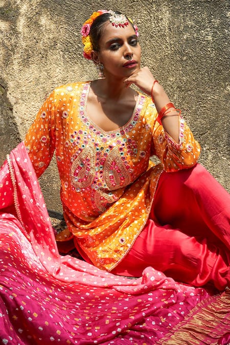 Buy Sheeshakari Yellow Silk Mirrors, Zari, Beads Collared Bandhani Paisley Embroidered Kurta Set Online at Aza Fashions Buy_Sheeshakari_Yellow Silk Mirrors, Zari, Beads Collared Bandhani Paisley Embroidered Kurta Set _Online_at_Aza_Fashions