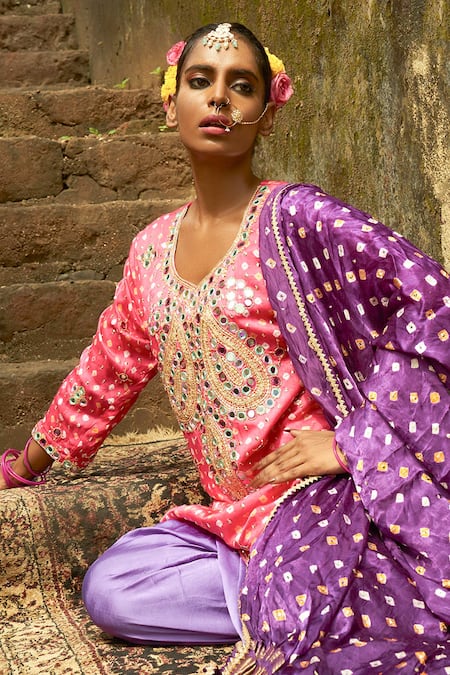 Buy Sheeshakari Pink Silk Mirrors, Beads, Zari Collared Bandhani Work Kurta Set Online at Aza Fashions Buy_Sheeshakari_Pink Silk Mirrors, Beads, Zari Collared Bandhani Work Kurta Set _Online_at_Aza_Fashions