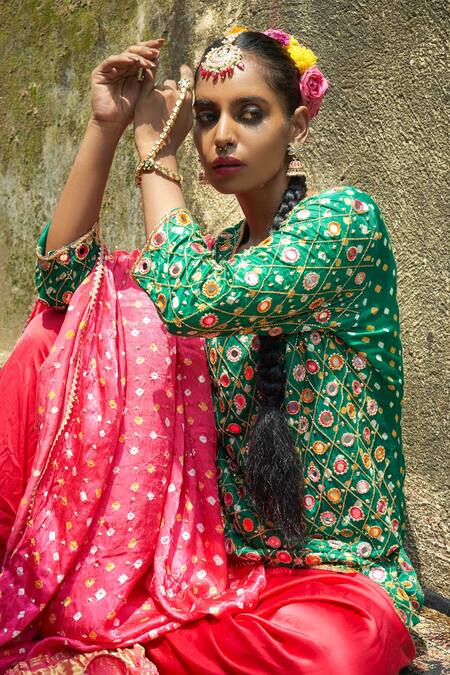 Sheeshakari Green Silk Embroidery, Mirrors, Zari Round Neck Bandhani Work Kurta Set at Aza Fashions Sheeshakari_Green Silk Embroidery, Mirrors, Zari Round Neck Bandhani Work Kurta Set _at_Aza_Fashions