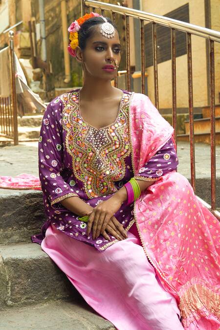 Sheeshakari Purple Silk Gota Patti, Beads, Mirrors, Embroidery Bandhani Work Kurta Set Online at Aza Fashions Sheeshakari_Purple Silk Gota Patti, Beads, Mirrors, Embroidery Bandhani Work Kurta Set _Online_at_Aza_Fashions