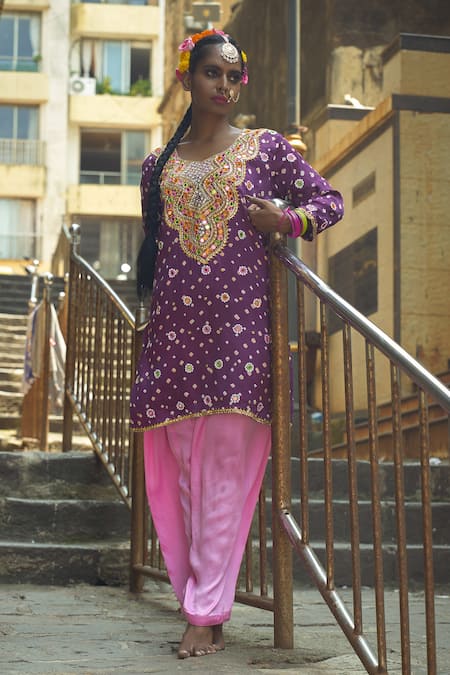Shop Sheeshakari Purple Silk Gota Patti, Beads, Mirrors, Embroidery Bandhani Work Kurta Set at Aza Fashions Shop_Sheeshakari_Purple Silk Gota Patti, Beads, Mirrors, Embroidery Bandhani Work Kurta Set _at_Aza_Fashions
