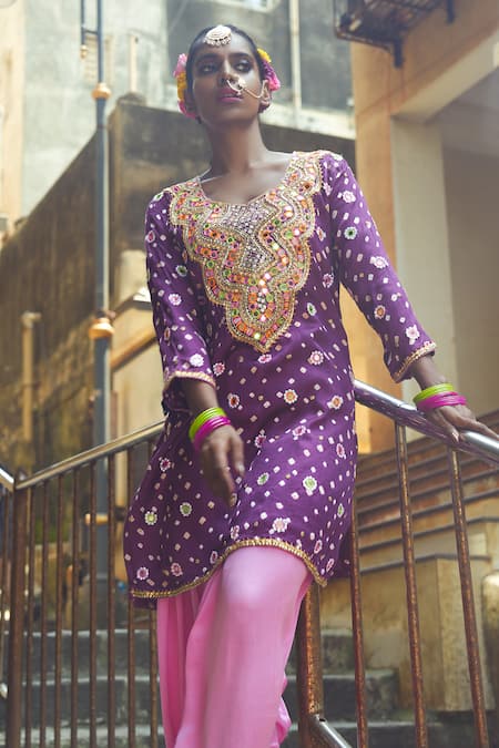 Shop Sheeshakari Purple Silk Gota Patti, Beads, Mirrors, Embroidery Bandhani Work Kurta Set Online at Aza Fashions Shop_Sheeshakari_Purple Silk Gota Patti, Beads, Mirrors, Embroidery Bandhani Work Kurta Set _Online_at_Aza_Fashions