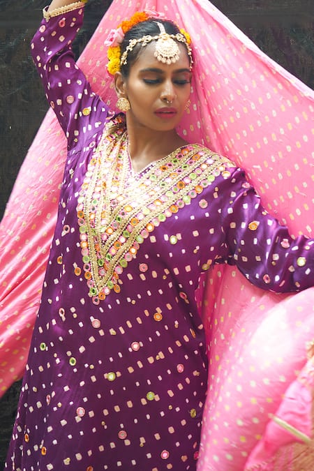Sheeshakari_Purple Silk Beads, Mirrors, Gota Patti, Embroidery Split Bandhani Kurta Set _Online_at_Aza_Fashions