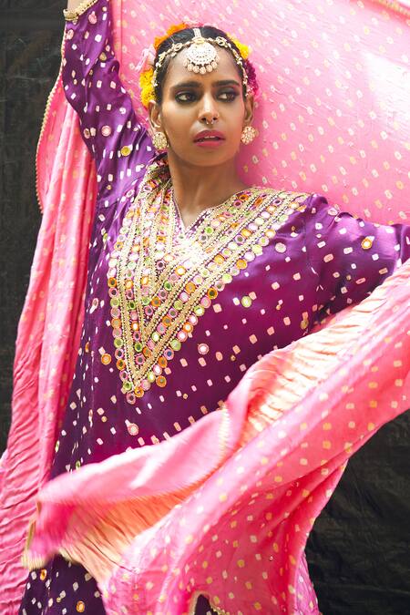 Buy_Sheeshakari_Purple Silk Beads, Mirrors, Gota Patti, Embroidery Split Bandhani Kurta Set _Online_at_Aza_Fashions