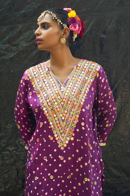 Shop_Sheeshakari_Purple Silk Beads, Mirrors, Gota Patti, Embroidery Split Bandhani Kurta Set _Online_at_Aza_Fashions