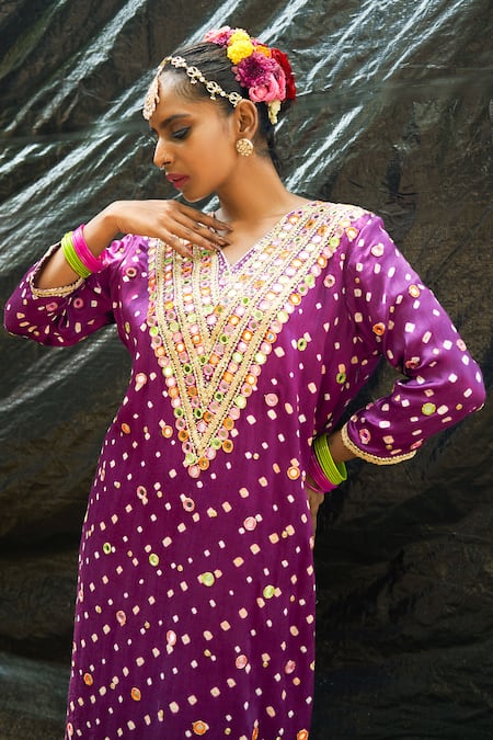 Sheeshakari_Purple Silk Beads, Mirrors, Gota Patti, Embroidery Split Bandhani Kurta Set _at_Aza_Fashions