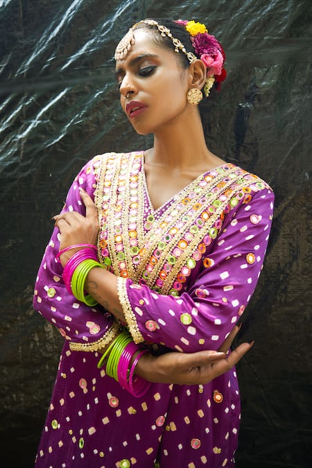 Buy_Sheeshakari_Purple Silk Beads, Mirrors, Gota Patti, Embroidery Split Bandhani Kurta Set 
