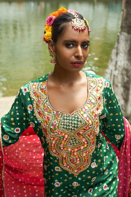 Sheeshakari_Green Silk Gota Patti, Beads, Mirrors Round Neck Emerald Bandhani Kurta Set _at_Aza_Fashions