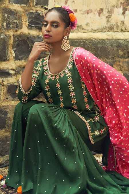 Sheeshakari Green Silk Mirrors, Zari, Embroidery Round Neck Floral Stripe Kurta Sharara Set Online at Aza Fashions Sheeshakari_Green Silk Mirrors, Zari, Embroidery Round Neck Floral Stripe Kurta Sharara Set _Online_at_Aza_Fashions