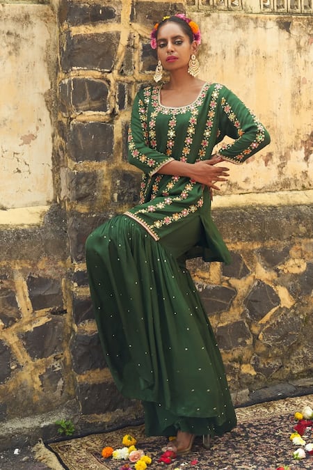 Shop Sheeshakari Green Silk Mirrors, Zari, Embroidery Round Neck Floral Stripe Kurta Sharara Set at Aza Fashions Shop_Sheeshakari_Green Silk Mirrors, Zari, Embroidery Round Neck Floral Stripe Kurta Sharara Set _at_Aza_Fashions