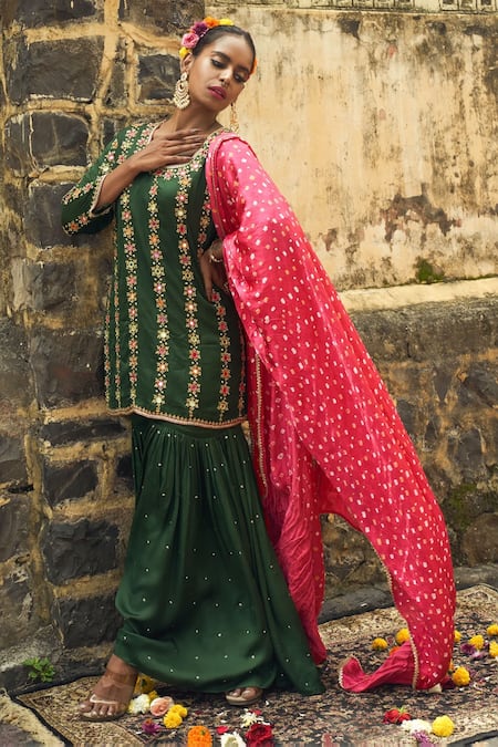 Buy Sheeshakari Green Silk Mirrors, Zari, Embroidery Round Neck Floral Stripe Kurta Sharara Set Online at Aza Fashions Buy_Sheeshakari_Green Silk Mirrors, Zari, Embroidery Round Neck Floral Stripe Kurta Sharara Set _Online_at_Aza_Fashions