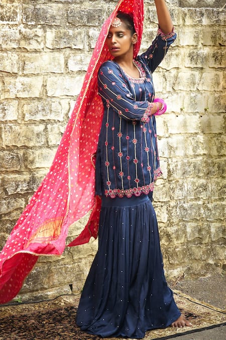 Sheeshakari_Blue Silk Embroidery, Mirrors, Zari Round Neck Sapphire Resham Kurta Set _at_Aza_Fashions