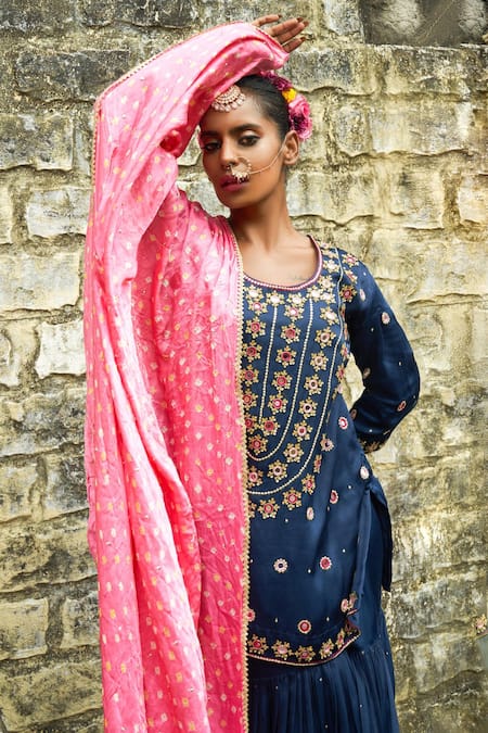 Sheeshakari Blue Silk Mirrors, Beads, Zari Round Floral Yoke Embroidered Kurta Sharara Set Online at Aza Fashions Sheeshakari_Blue Silk Mirrors, Beads, Zari Round Floral Yoke Embroidered Kurta Sharara Set _Online_at_Aza_Fashions
