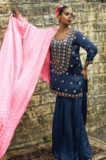 Buy Sheeshakari Blue Silk Mirrors, Beads, Zari Round Floral Yoke Embroidered Kurta Sharara Set Online at Aza Fashions Buy_Sheeshakari_Blue Silk Mirrors, Beads, Zari Round Floral Yoke Embroidered Kurta Sharara Set _Online_at_Aza_Fashions