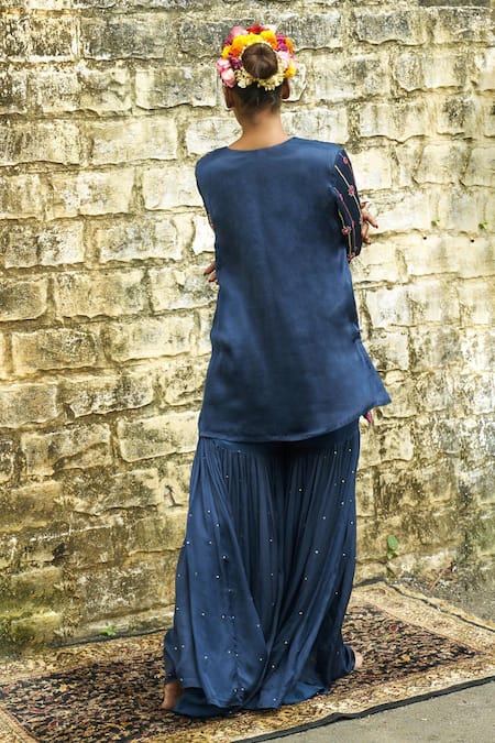 Shop Sheeshakari Blue Silk Mirrors, Beads, Zari Round Floral Yoke Embroidered Kurta Sharara Set at Aza Fashions Shop_Sheeshakari_Blue Silk Mirrors, Beads, Zari Round Floral Yoke Embroidered Kurta Sharara Set _at_Aza_Fashions