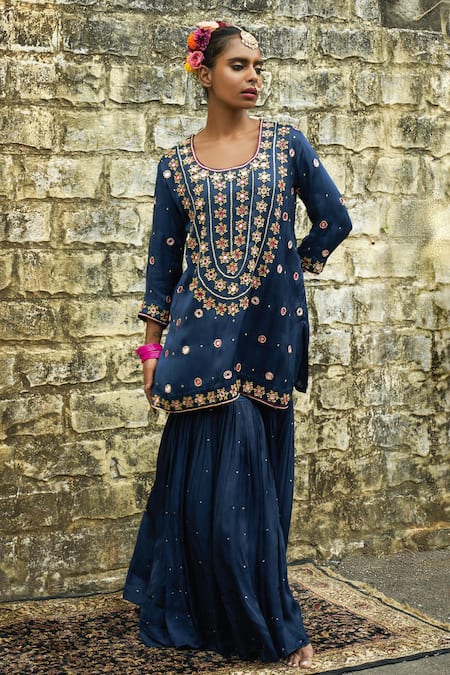 Shop Sheeshakari Blue Silk Mirrors, Beads, Zari Round Floral Yoke Embroidered Kurta Sharara Set Online at Aza Fashions Shop_Sheeshakari_Blue Silk Mirrors, Beads, Zari Round Floral Yoke Embroidered Kurta Sharara Set _Online_at_Aza_Fashions