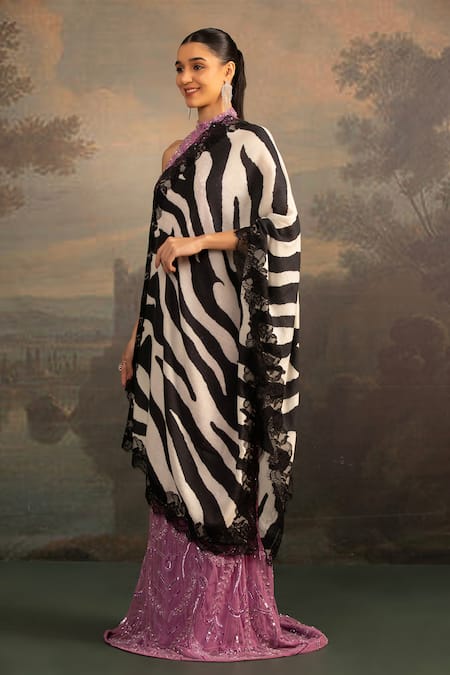 Modarta_White Lace Embellished Animal Print Shawl_Online_at_Aza_Fashions