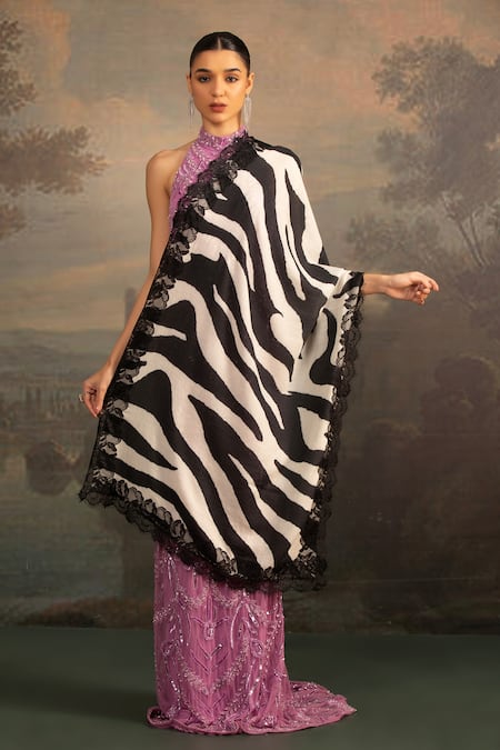 Buy_Modarta_White Lace Embellished Animal Print Shawl_Online_at_Aza_Fashions