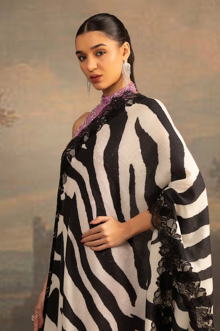 Shop_Modarta_White Lace Embellished Animal Print Shawl_Online_at_Aza_Fashions