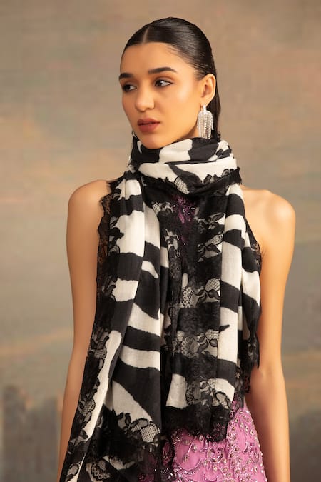 Modarta_White Lace Embellished Animal Print Shawl_at_Aza_Fashions