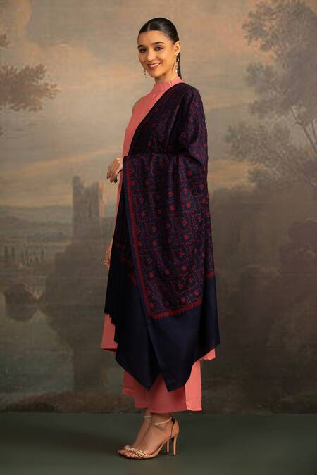 Modarta_Blue Sozni Floral Embroidered Shawl _Online_at_Aza_Fashions