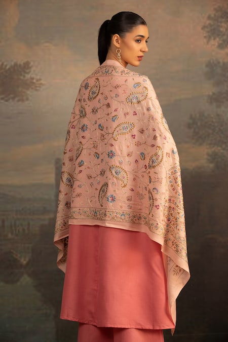 Shop Modarta Pink Floral Thread Embroidered Shawl at Aza Fashions Shop_Modarta_Pink Floral Thread Embroidered Shawl _at_Aza_Fashions