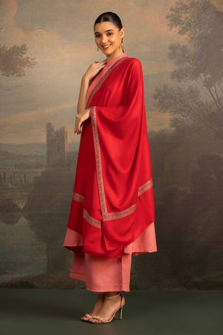 Modarta_Red Floral Border Embroidered Shawl_Online_at_Aza_Fashions