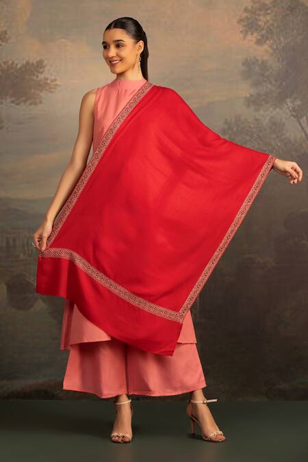 Buy_Modarta_Red Floral Border Embroidered Shawl_Online_at_Aza_Fashions