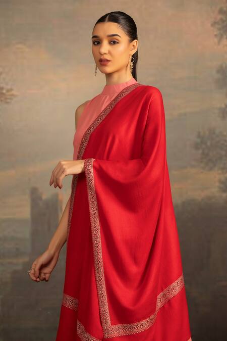 Shop_Modarta_Red Floral Border Embroidered Shawl_Online_at_Aza_Fashions