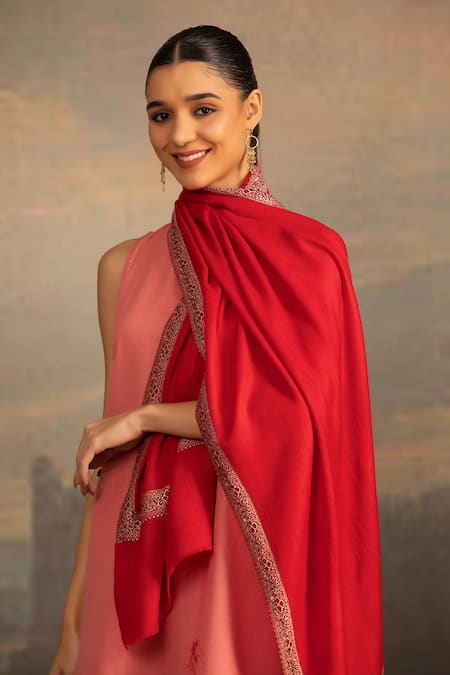 Modarta Red Floral Border Embroidered Shawl 