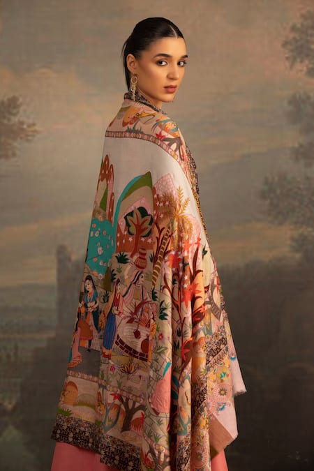 Modarta_Multi Color Kalamkari And Raj Darbar Print Shawl_Online_at_Aza_Fashions