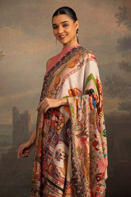 Shop_Modarta_Multi Color Kalamkari And Raj Darbar Print Shawl_Online_at_Aza_Fashions