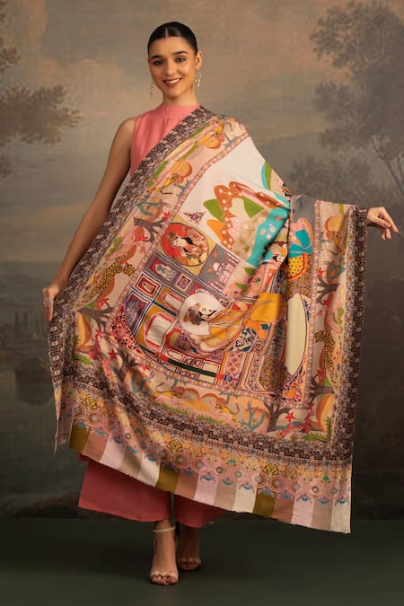 Modarta_Multi Color Kalamkari And Raj Darbar Print Shawl_at_Aza_Fashions