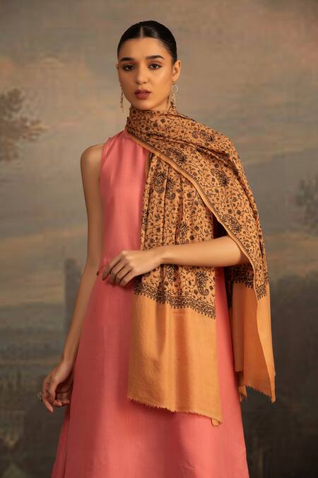 Modarta Orange Kashmiri Floral Embroidered Shawl Online at Aza Fashions Modarta_Orange Kashmiri Floral Embroidered Shawl _Online_at_Aza_Fashions