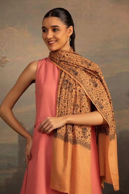 Modarta Orange Kashmiri Floral Embroidered Shawl 