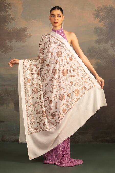 Buy_Modarta_White Floral Resham Embroidered Shawl_Online_at_Aza_Fashions