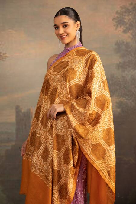 Modarta_Yellow Dori Embroidered Mustard Shawl_Online_at_Aza_Fashions