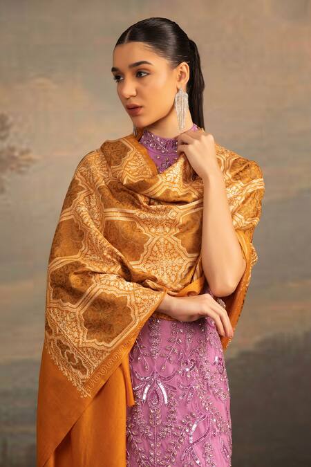 Buy_Modarta_Yellow Dori Embroidered Mustard Shawl_Online_at_Aza_Fashions