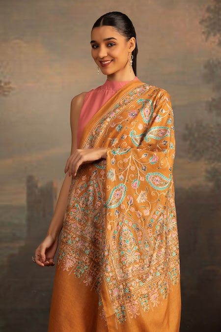 Shop_Modarta_Yellow Paisley Dori Embroidered Shawl_Online_at_Aza_Fashions