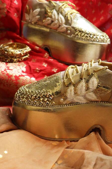 Chal Jooti_Gold Luxe And Ivory Embellished Sneakers _Online_at_Aza_Fashions