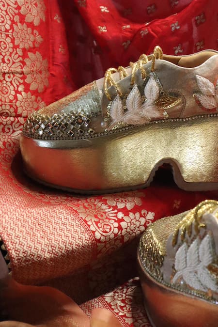 Buy_Chal Jooti_Gold Luxe And Ivory Embellished Sneakers _Online_at_Aza_Fashions